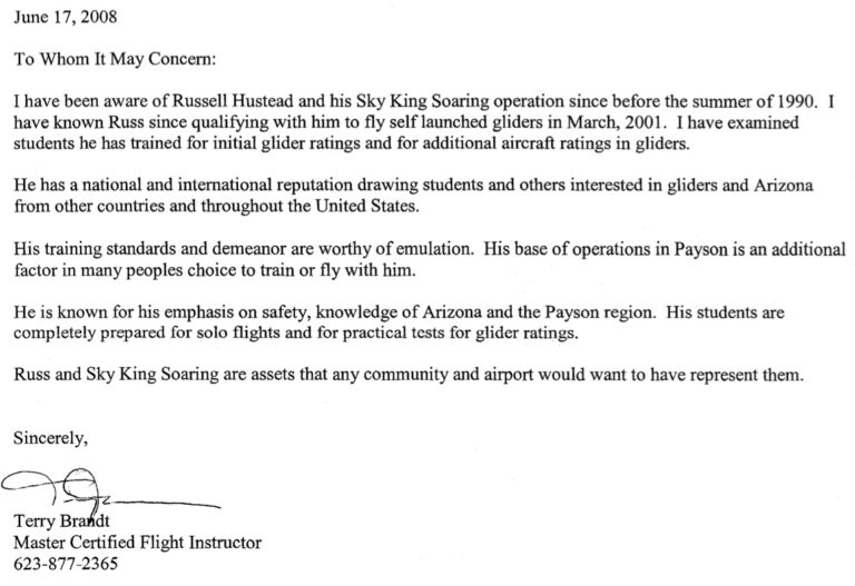 reference letter from Terry Brandt, Master Certified Flight Instructor